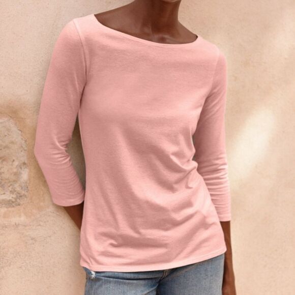 Garnet Hill Rose Petal Heather Essential Three Quarter Sleeve Boatneck Tee Sz S - Picture 1 of 8